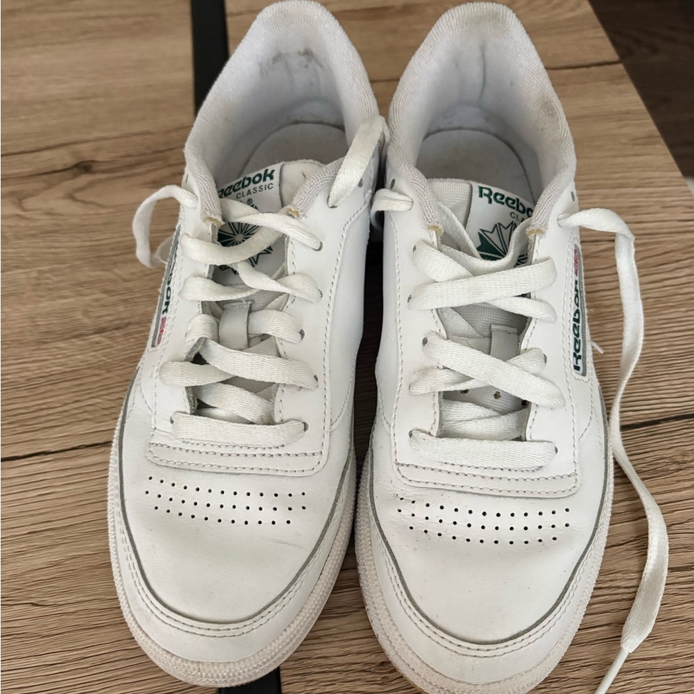 Reebok White Low-Top Leather Court Sneakers with Green Accents